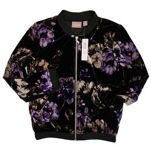 Chico's Womens Gazing Floral Velvet Bomber, Purple Luxe,  Zip Sweater Size 0